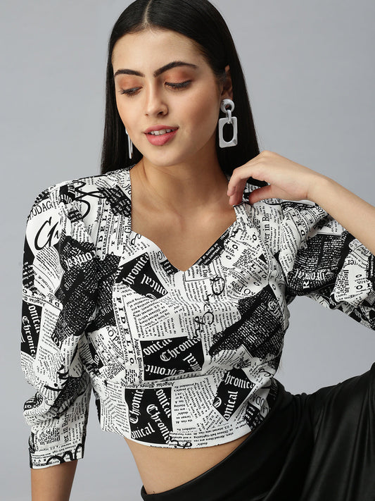 Women's White Print Monochrome Crepe Crop Top