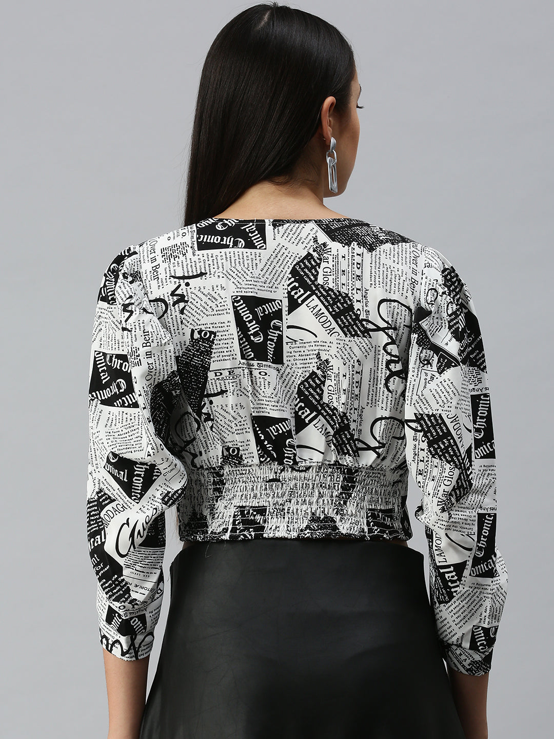 Women's White Print Monochrome Crepe Crop Top