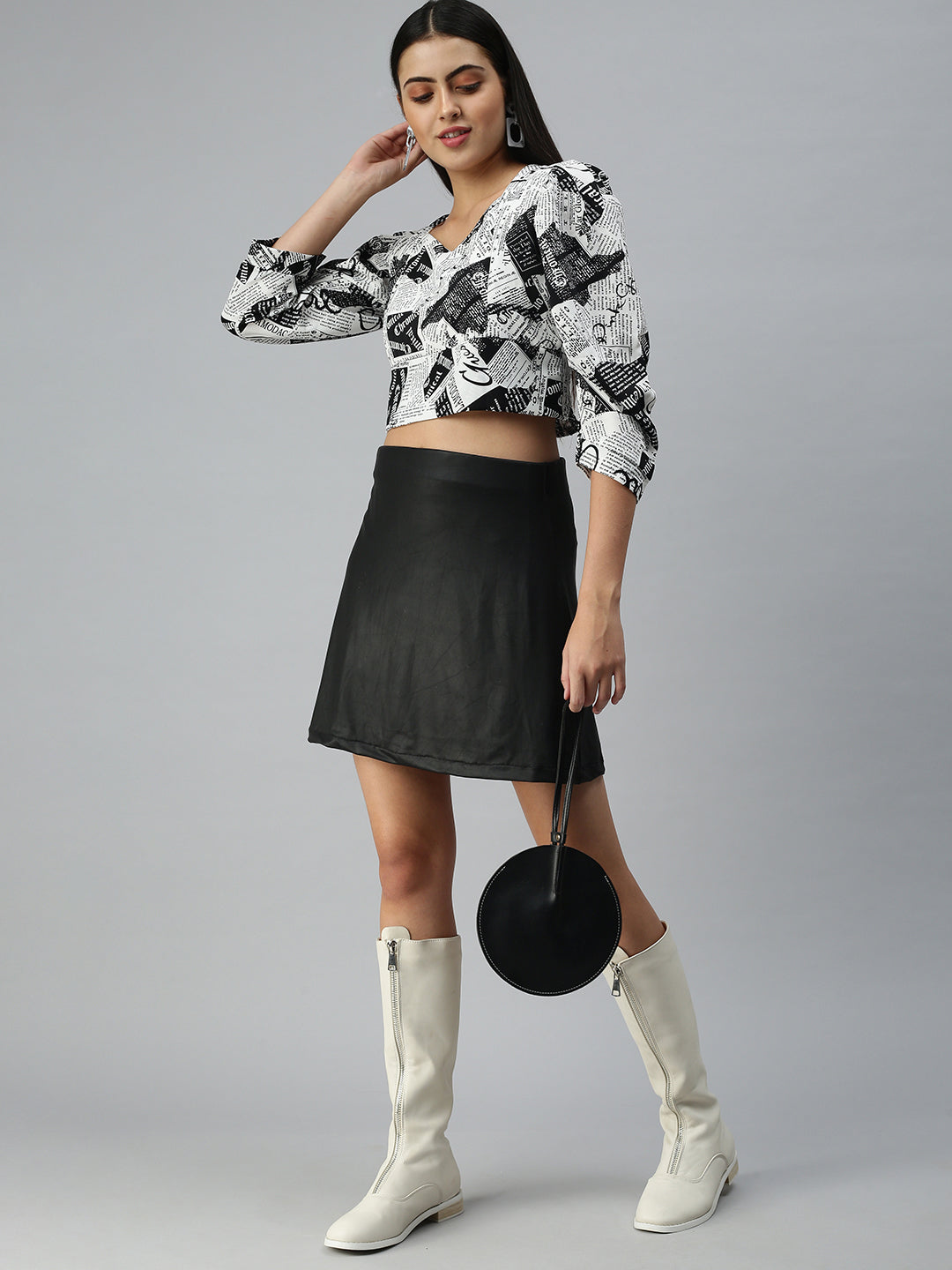 Women's White Print Monochrome Crepe Crop Top