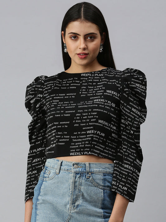 Women's Black Printed Crepe Crop Top