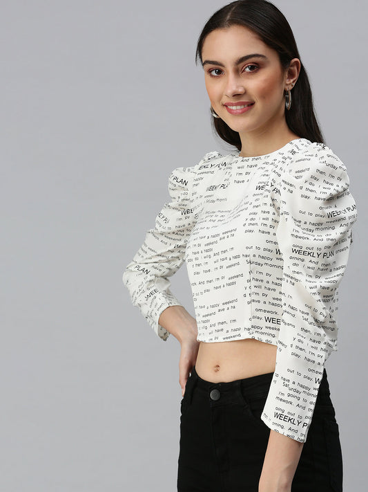 Women's Off White Print Monochrome Crepe Crop Top