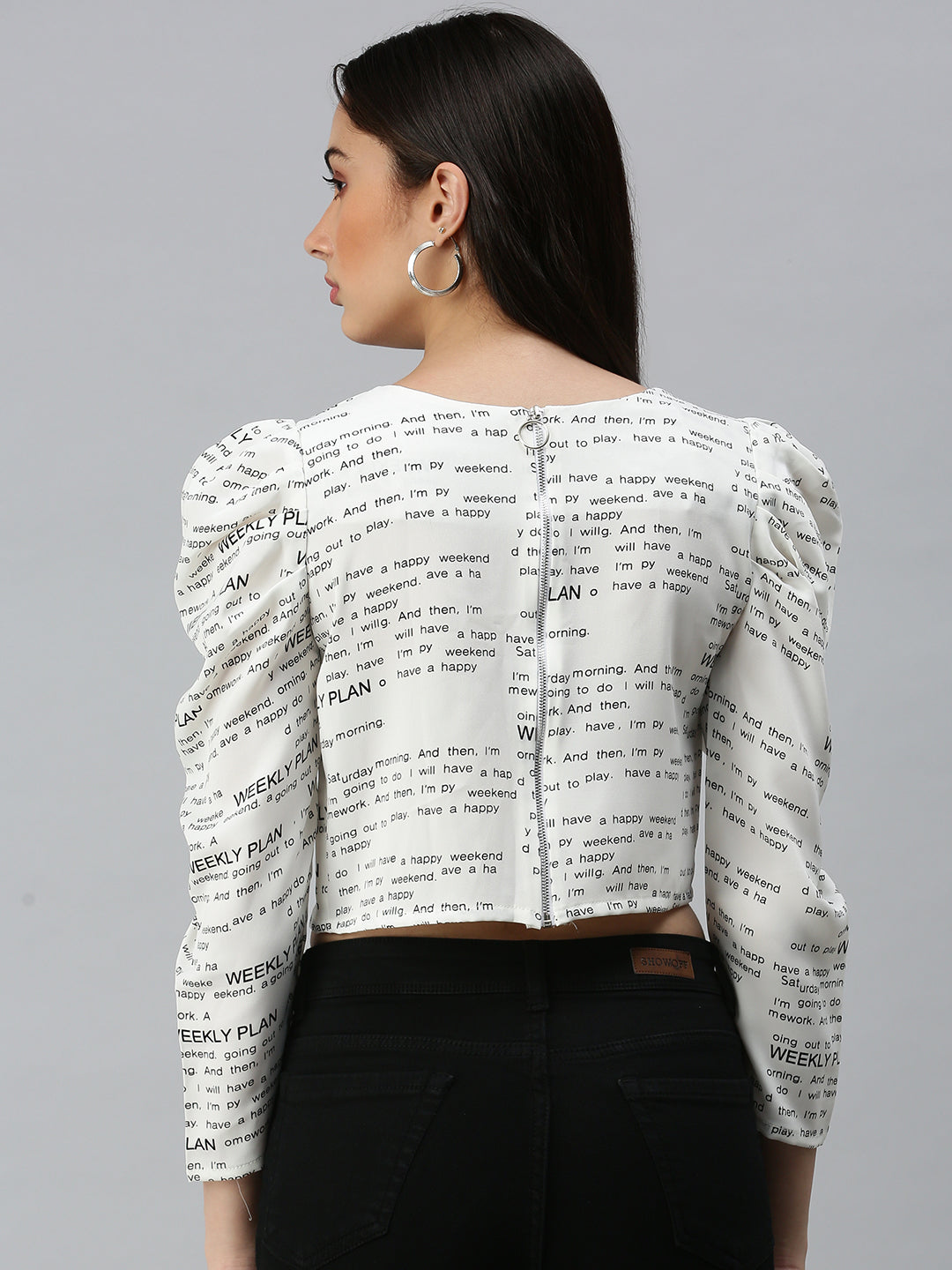 Women's Off White Print Monochrome Crepe Crop Top