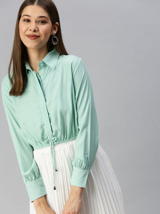 Women's Sea Green Striped Shirt Style Top