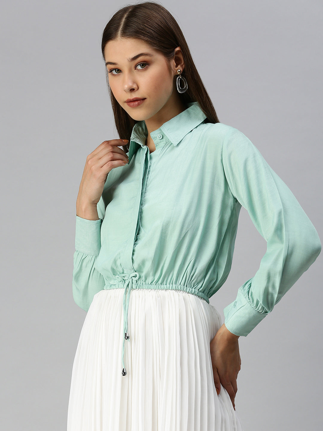Women's Sea Green Striped Shirt Style Top