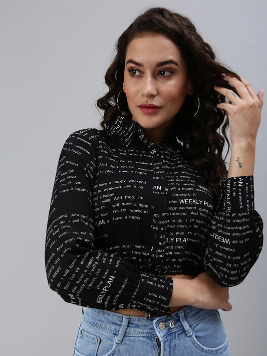 Women's Black Print Crepe Shirt Style Crop Top