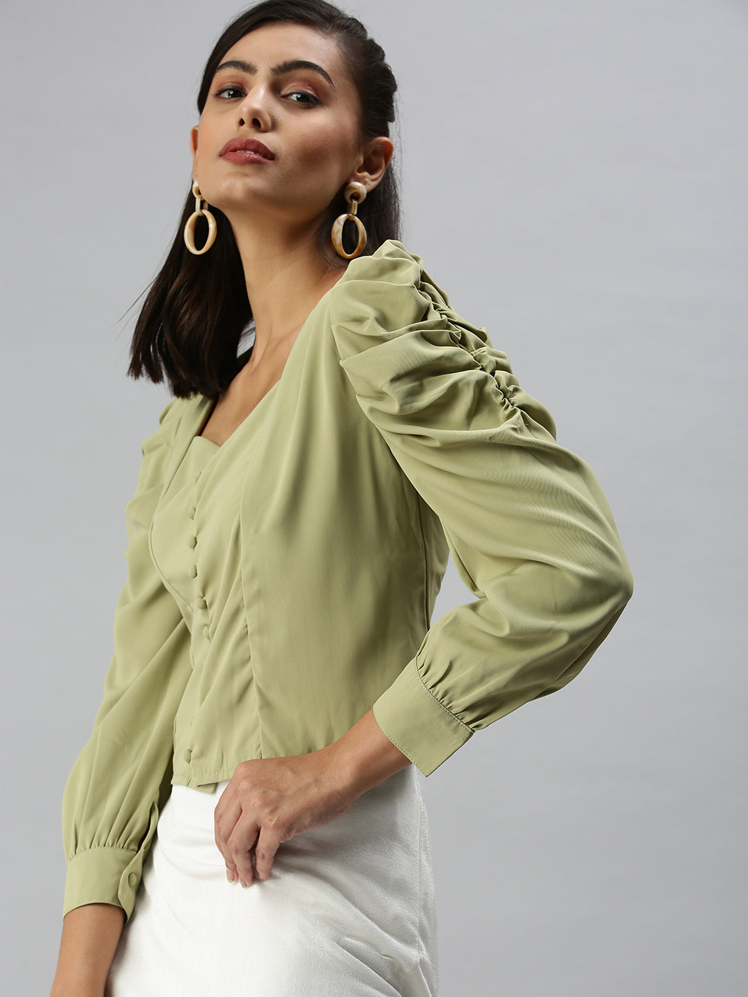 Women's Olive Crepe Wrap Top