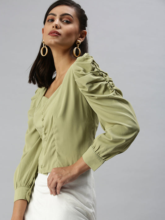 Women's Olive Crepe Wrap Top