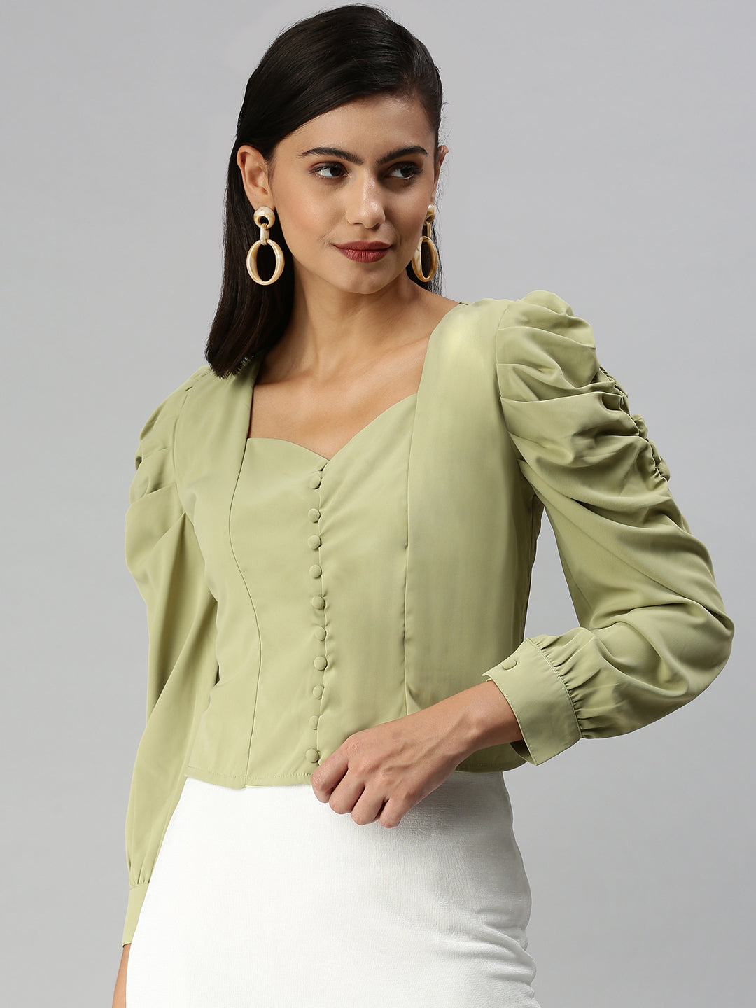 Women's Olive Crepe Wrap Top