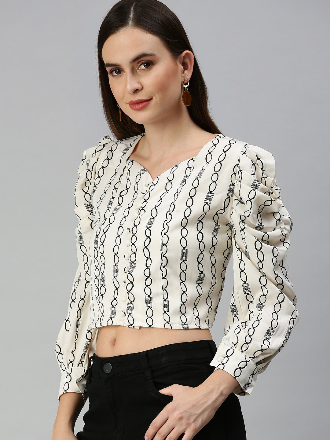 Women's White Geometric Print Crepe Crop Top