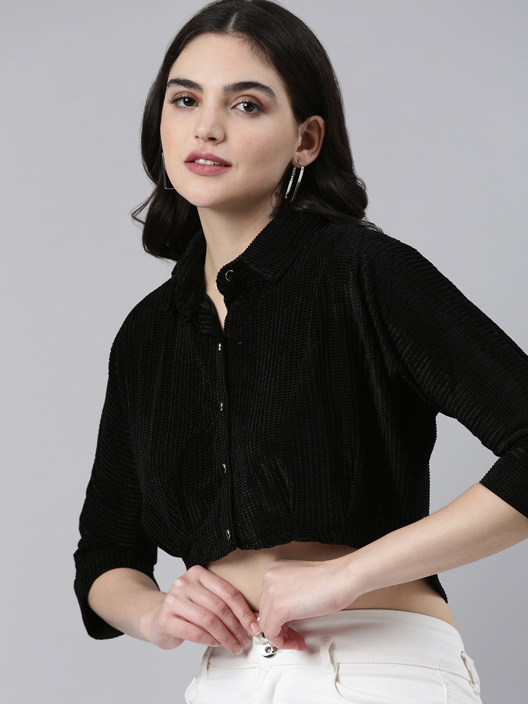 Women's Black Self Design Shirt Style Crop Top
