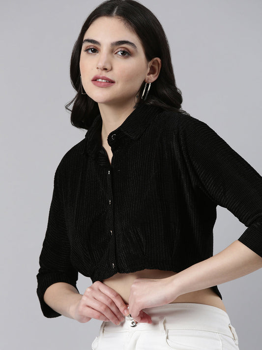 Women's Black Self Design Shirt Style Crop Top