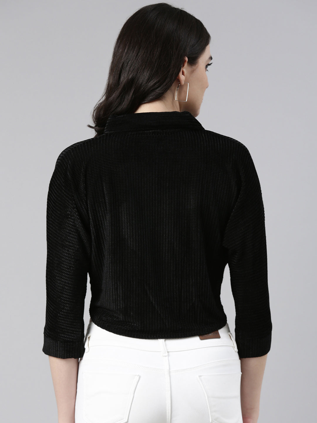 Women's Black Self Design Shirt Style Crop Top
