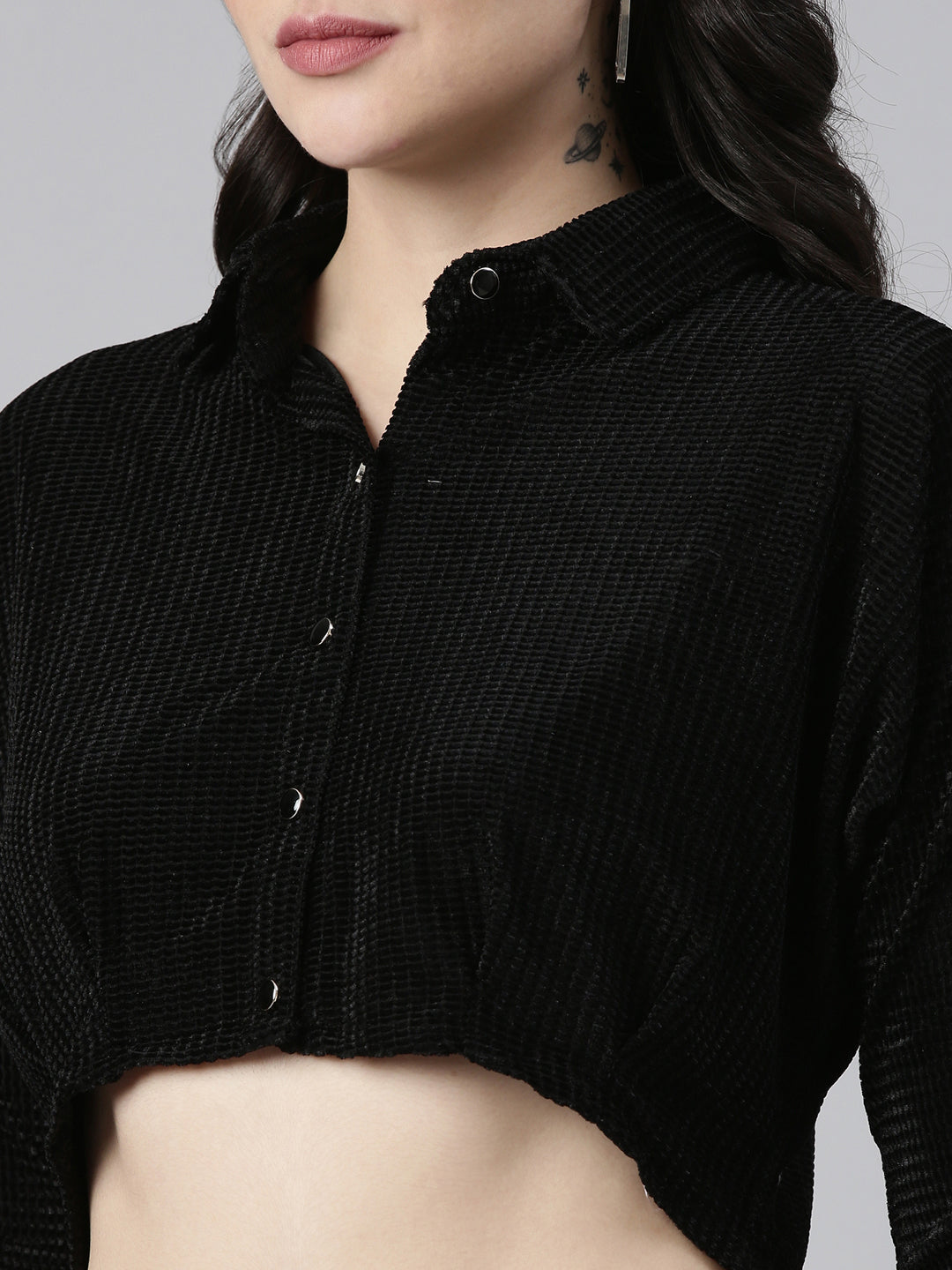 Women's Black Self Design Shirt Style Crop Top