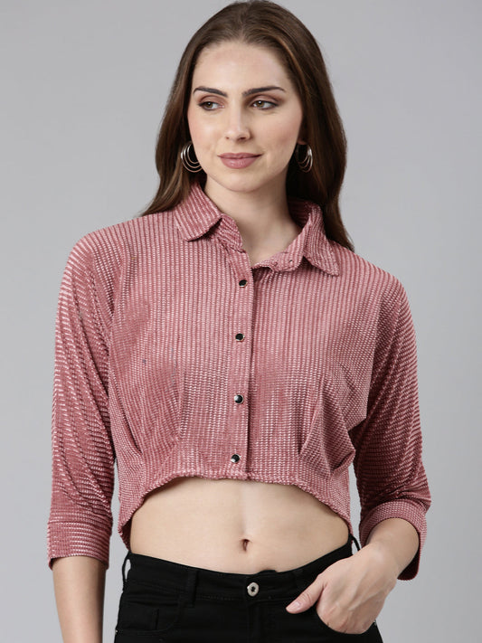 Women's Mauve Self Design Shirt Style Crop Top