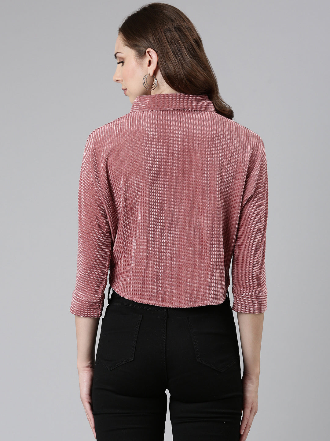 Women's Mauve Self Design Shirt Style Crop Top