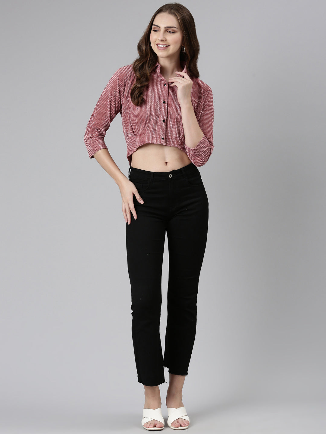 Women's Mauve Self Design Shirt Style Crop Top