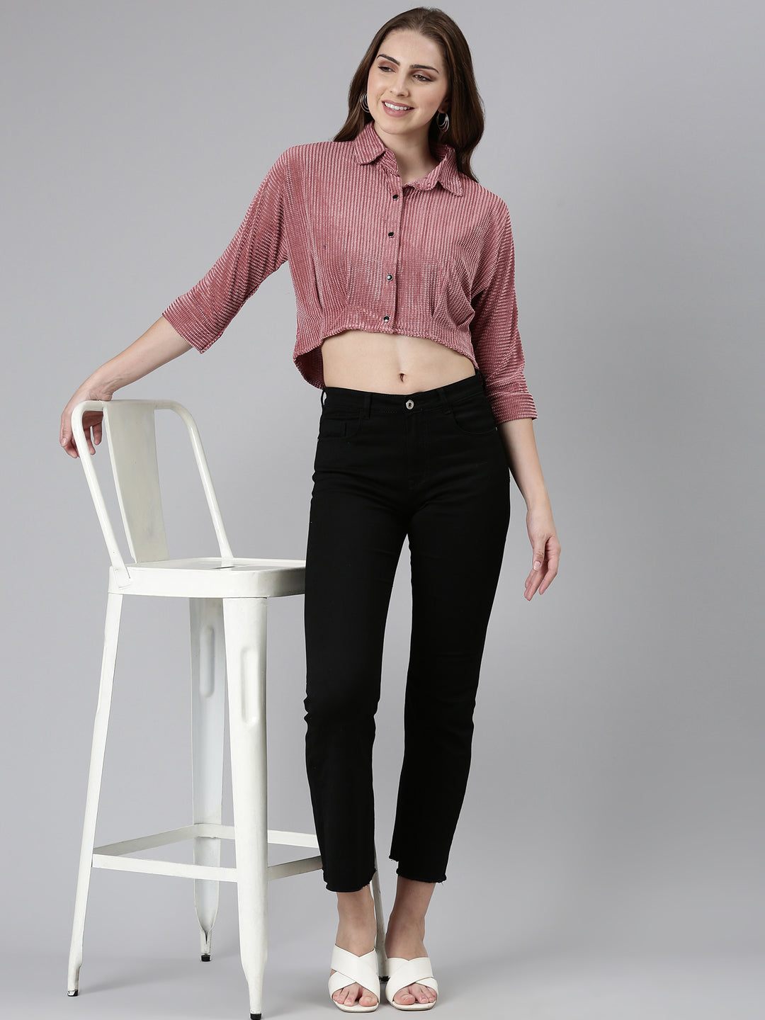 Women's Mauve Self Design Shirt Style Crop Top