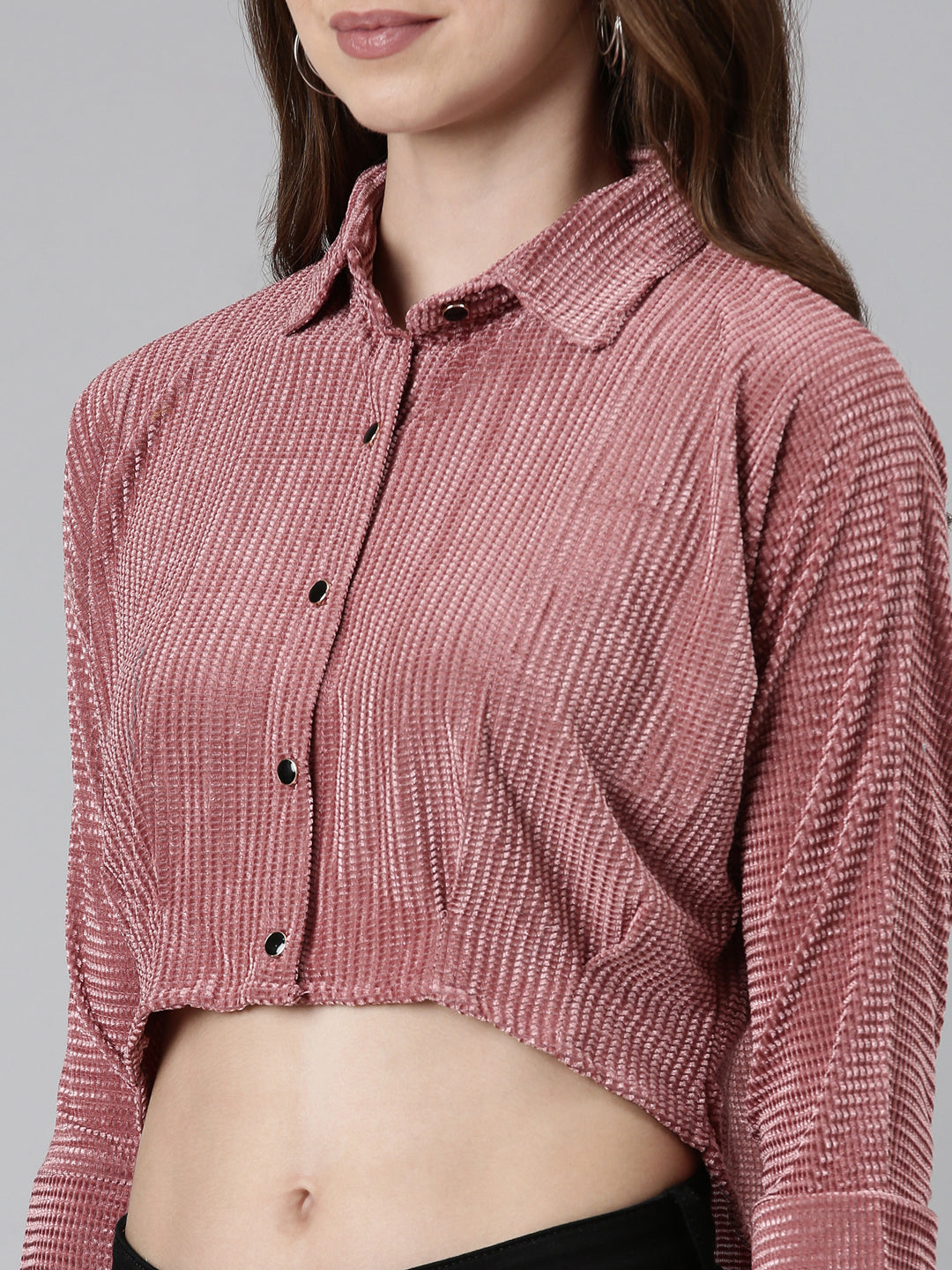 Women's Mauve Self Design Shirt Style Crop Top