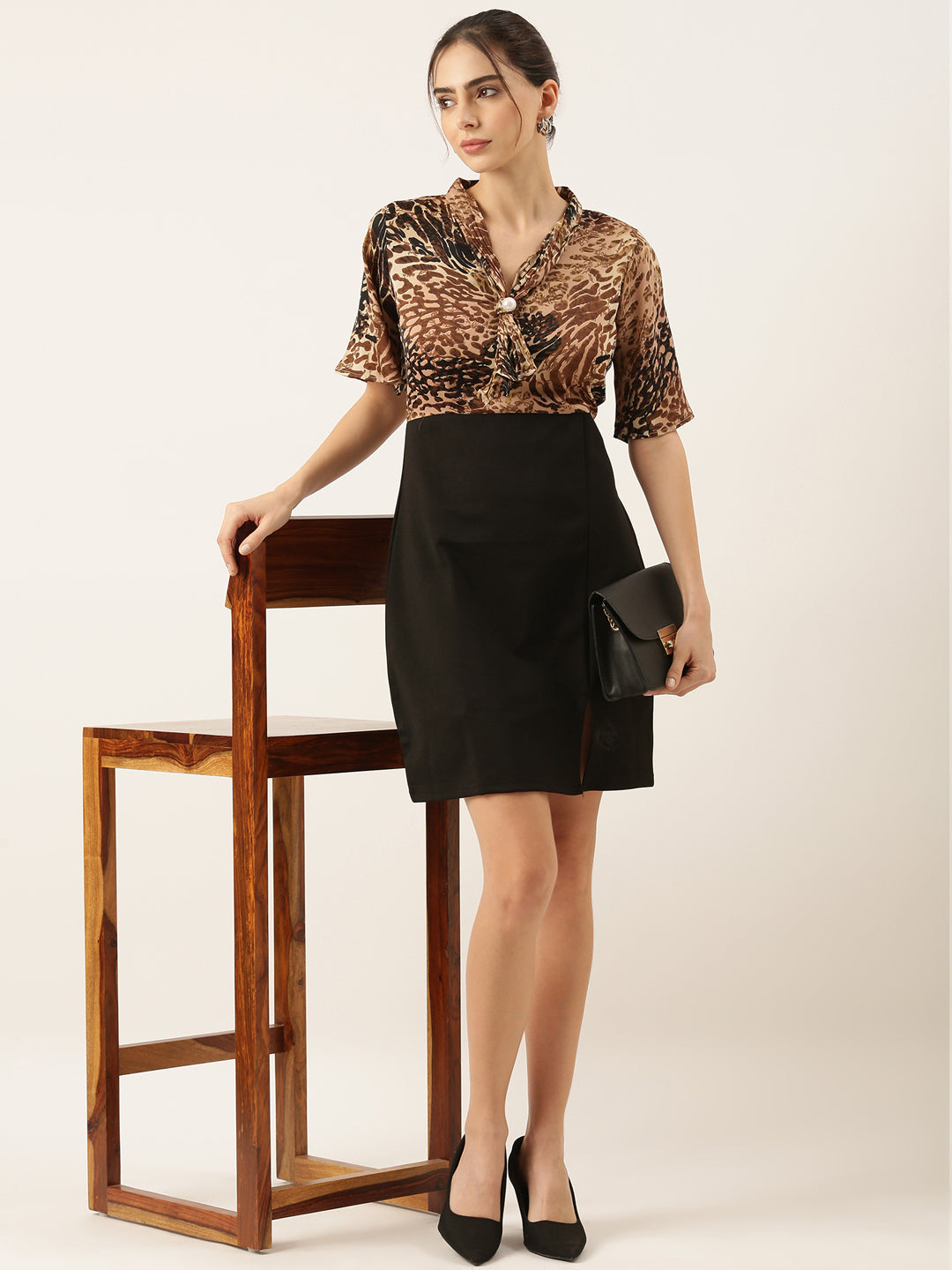 Women's Brown Printed Flared Sleeve Sheath Dress