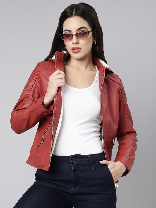 Women's Rust Biker Jacket With Detachable Hood