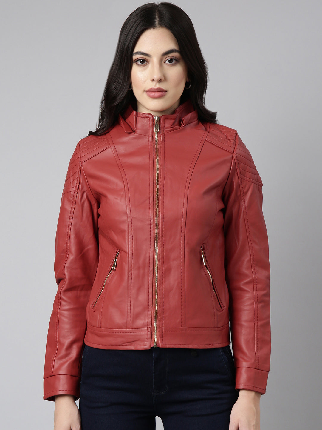 Women's Rust Biker Jacket With Detachable Hood