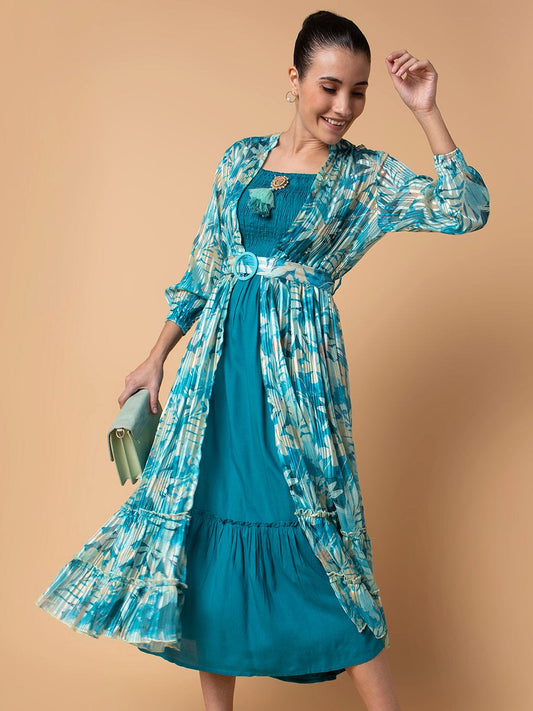 Women's Solid Turquoise Blue Midi Fit and Flare Dress with Shrug and Belt