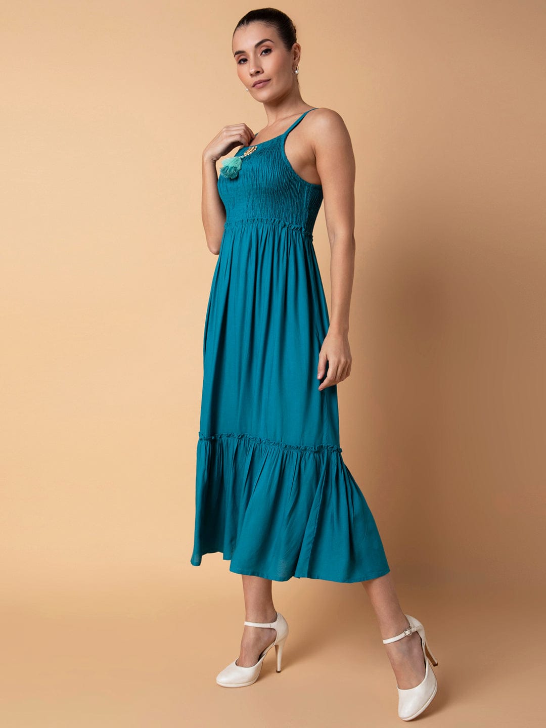 Women's Solid Turquoise Blue Midi Fit and Flare Dress with Shrug and Belt