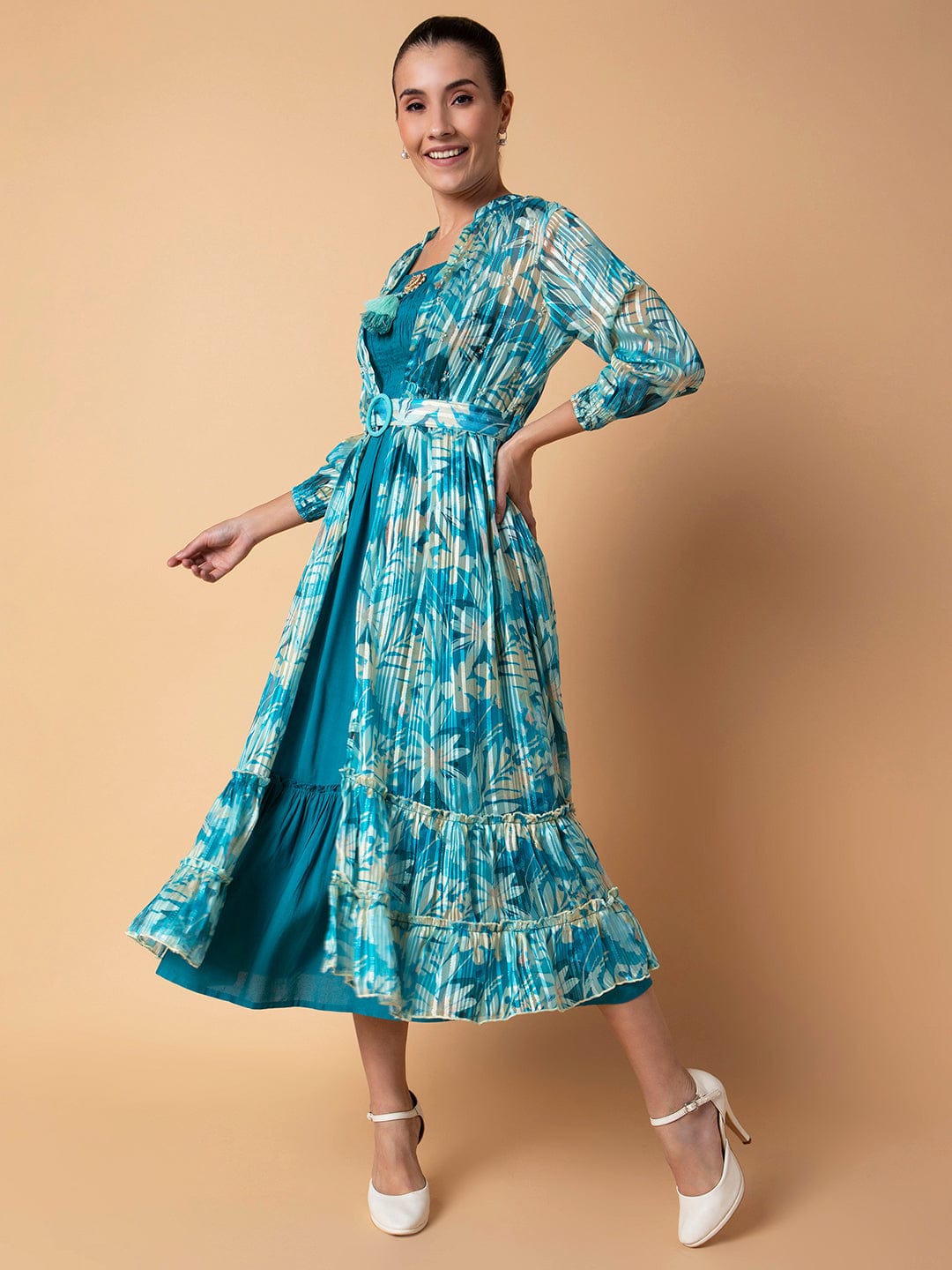 Women's Solid Turquoise Blue Midi Fit and Flare Dress with Shrug and Belt