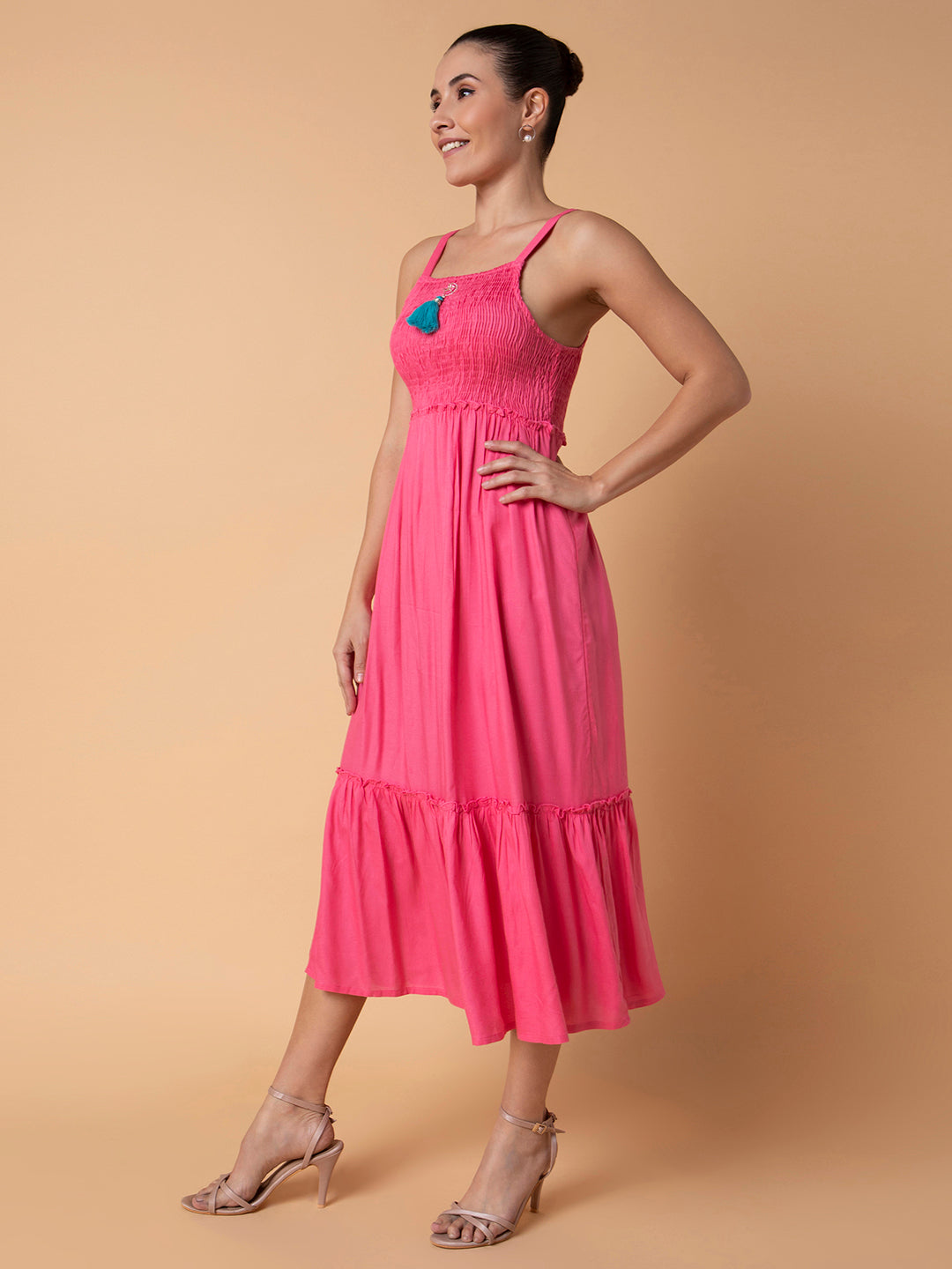 Women's Pink Floral Printed Fit & Flare Midi Dress with Shrug and Belt