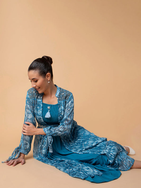 Women's Blue Floral Printed Fit & Flare Midi Dress with Shrug and Belt