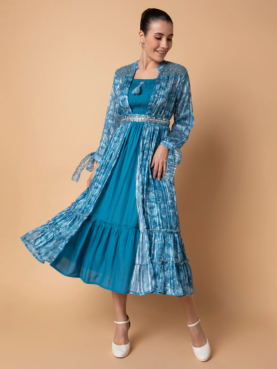 Women's Blue Floral Printed Fit & Flare Midi Dress with Shrug and Belt