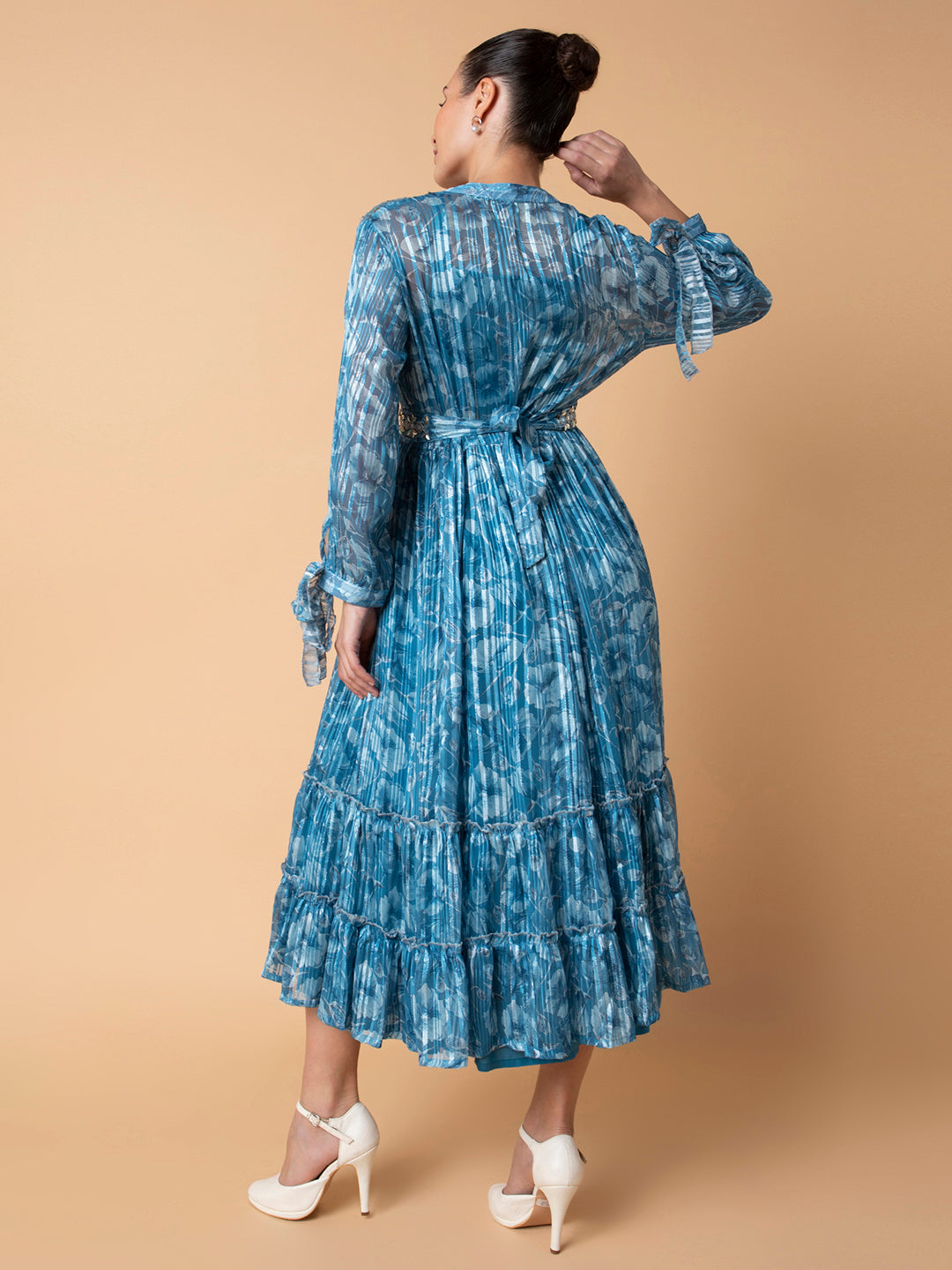 Women's Blue Floral Printed Fit & Flare Midi Dress with Shrug and Belt