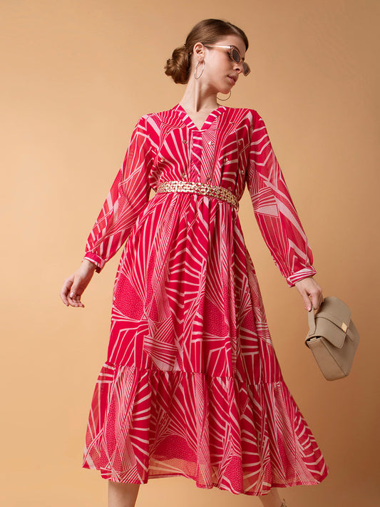 Women's Abstract Pink Midi Empire Dress with Belt