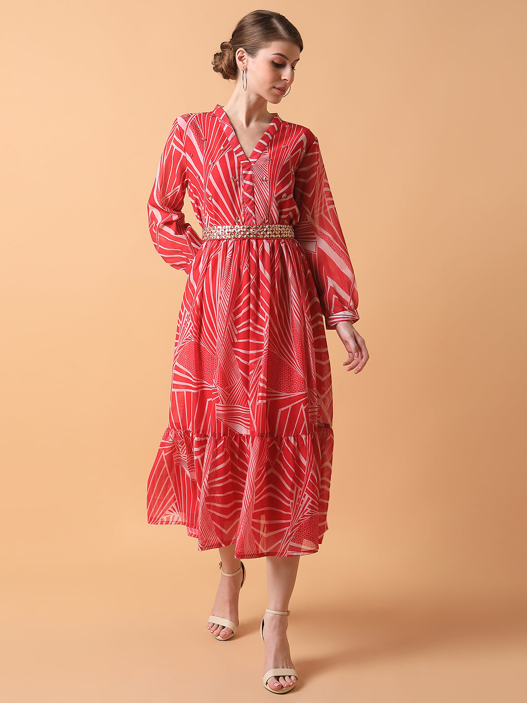 Women's Abstract Pink Midi Empire Dress with Belt