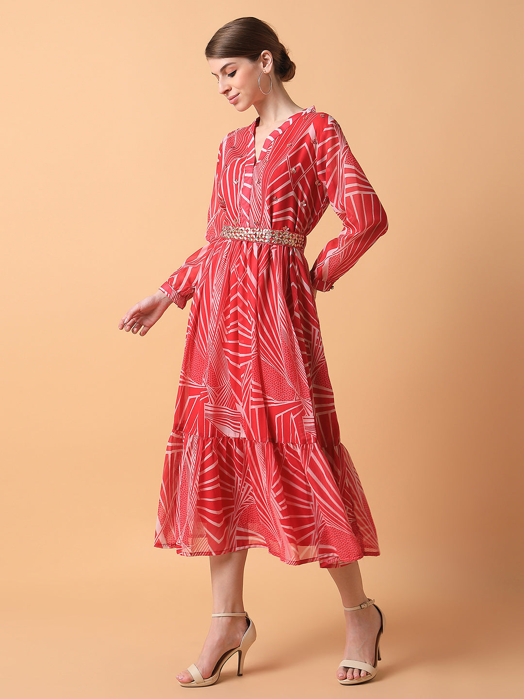 Women's Abstract Pink Midi Empire Dress with Belt