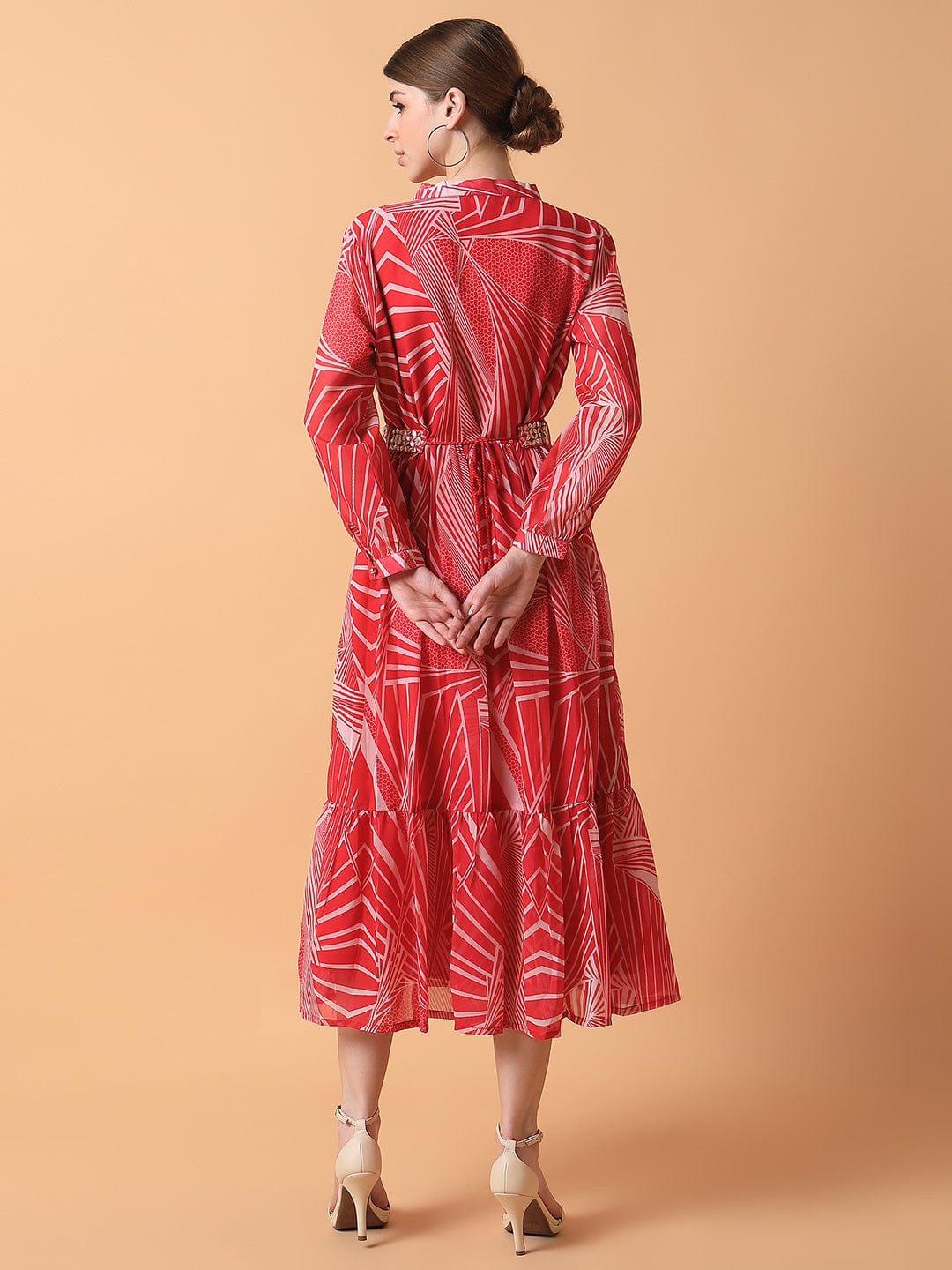 Women's Abstract Pink Midi Empire Dress with Belt