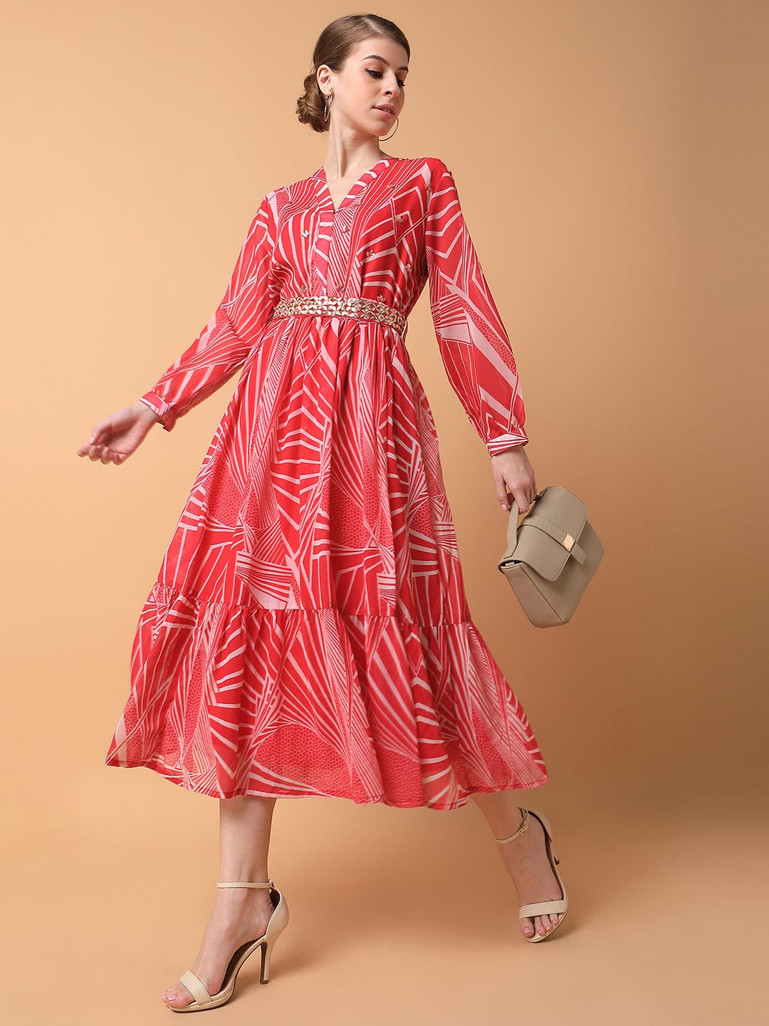 Women's Abstract Pink Midi Empire Dress with Belt