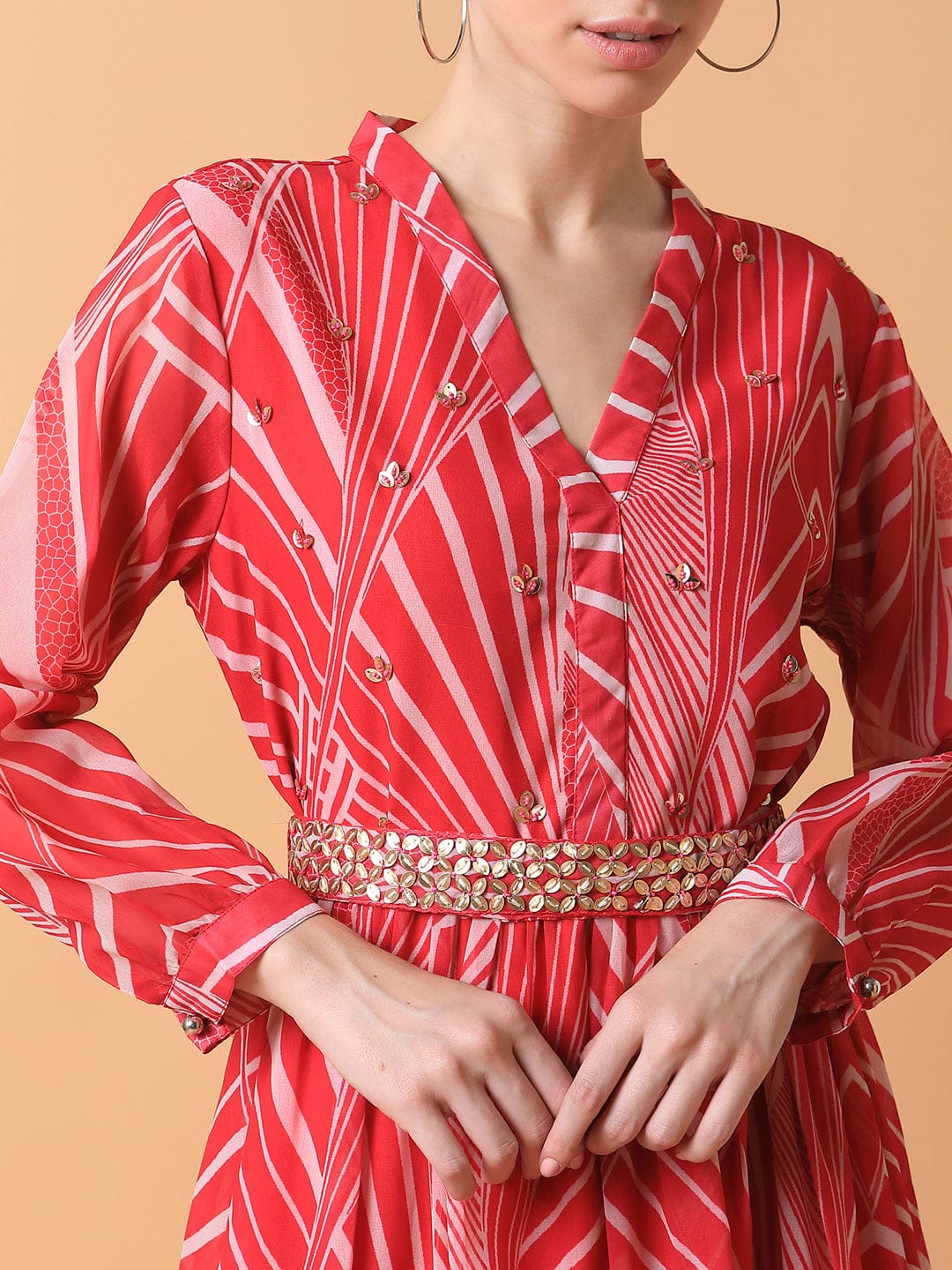 Women's Abstract Pink Midi Empire Dress with Belt