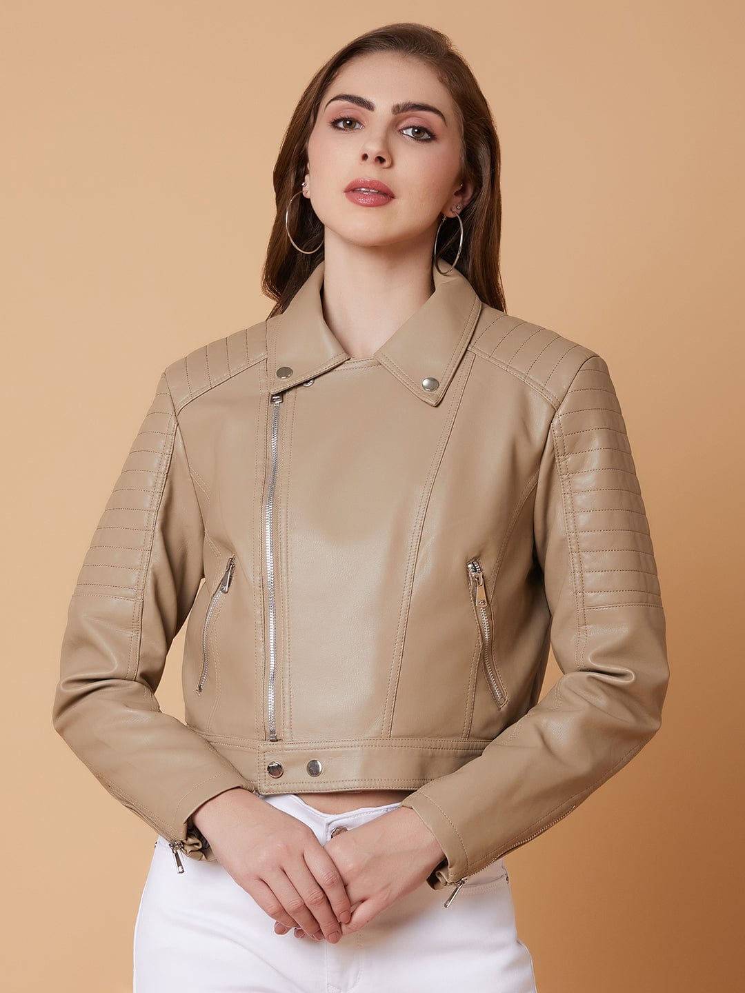 Women's Beige Windcheater Crop Biker Jacket