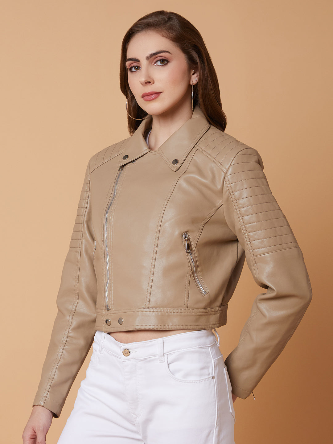 Women's Beige Windcheater Crop Biker Jacket
