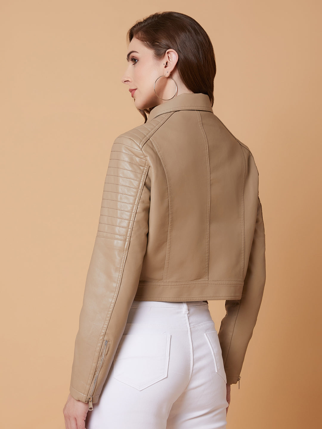 Women's Beige Windcheater Crop Biker Jacket