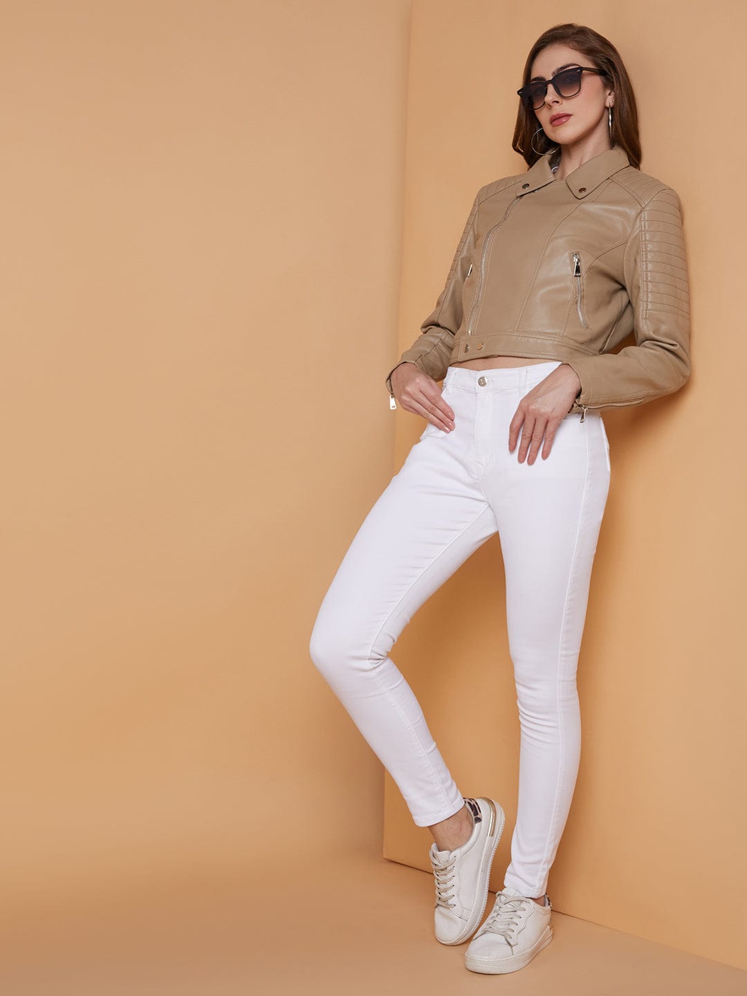 Women's Beige Windcheater Crop Biker Jacket