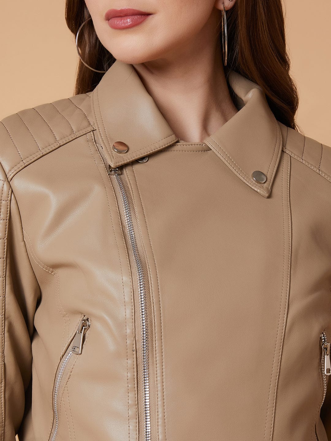 Women's Beige Windcheater Crop Biker Jacket