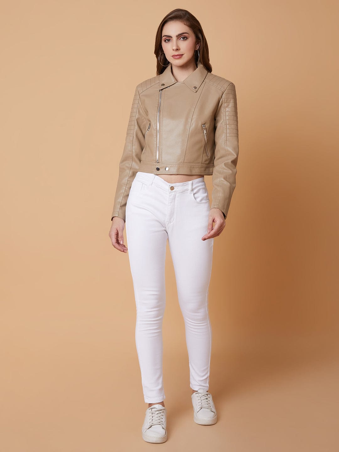 Women's Beige Windcheater Crop Biker Jacket