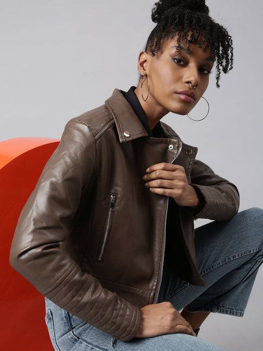 Women's Brown Spread Collar Crop Biker Jacket