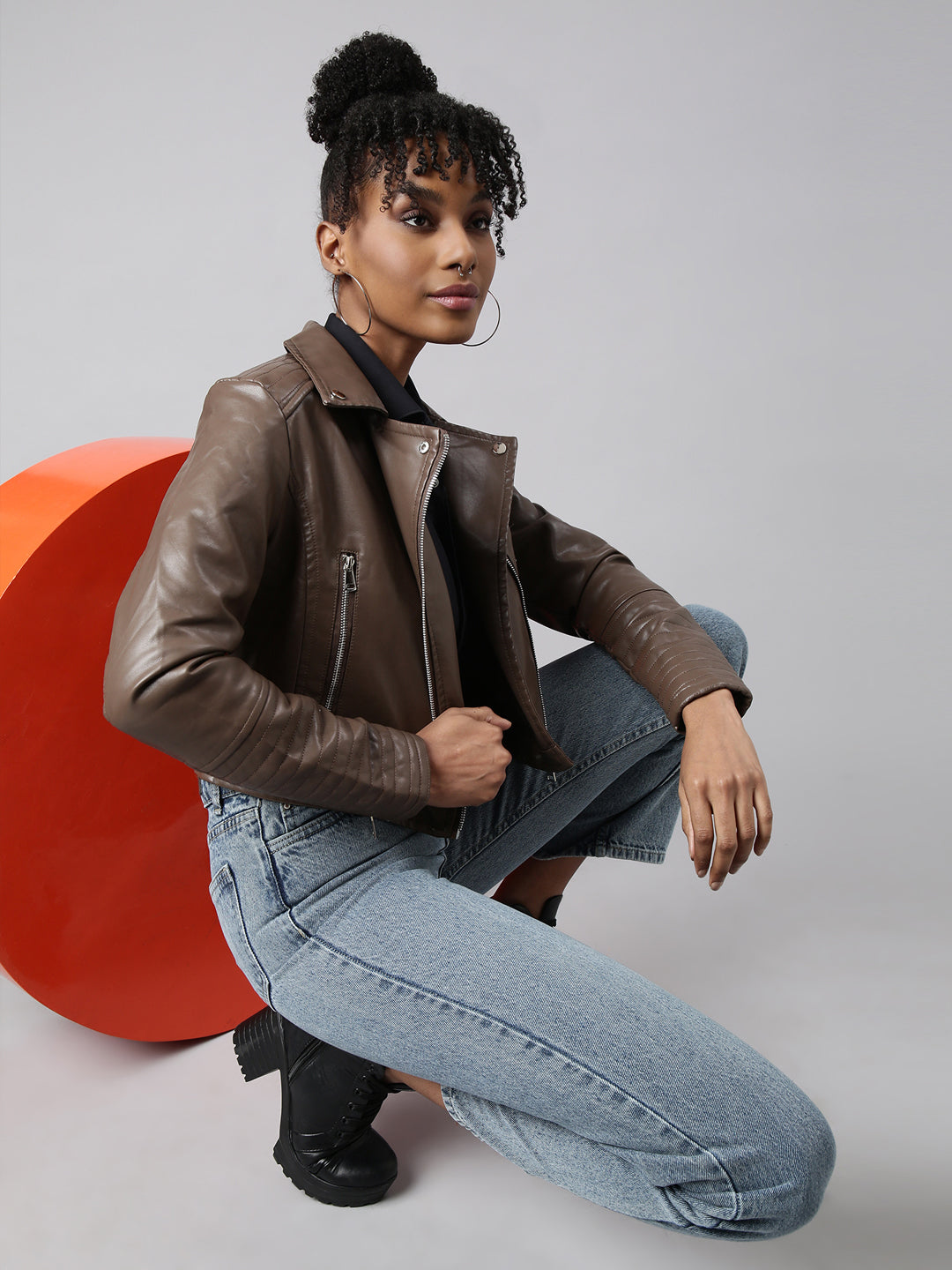 Women's Brown Spread Collar Crop Biker Jacket