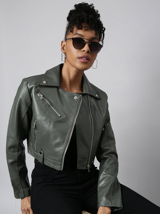 Women's Olive Spread Collar Crop Biker Jacket