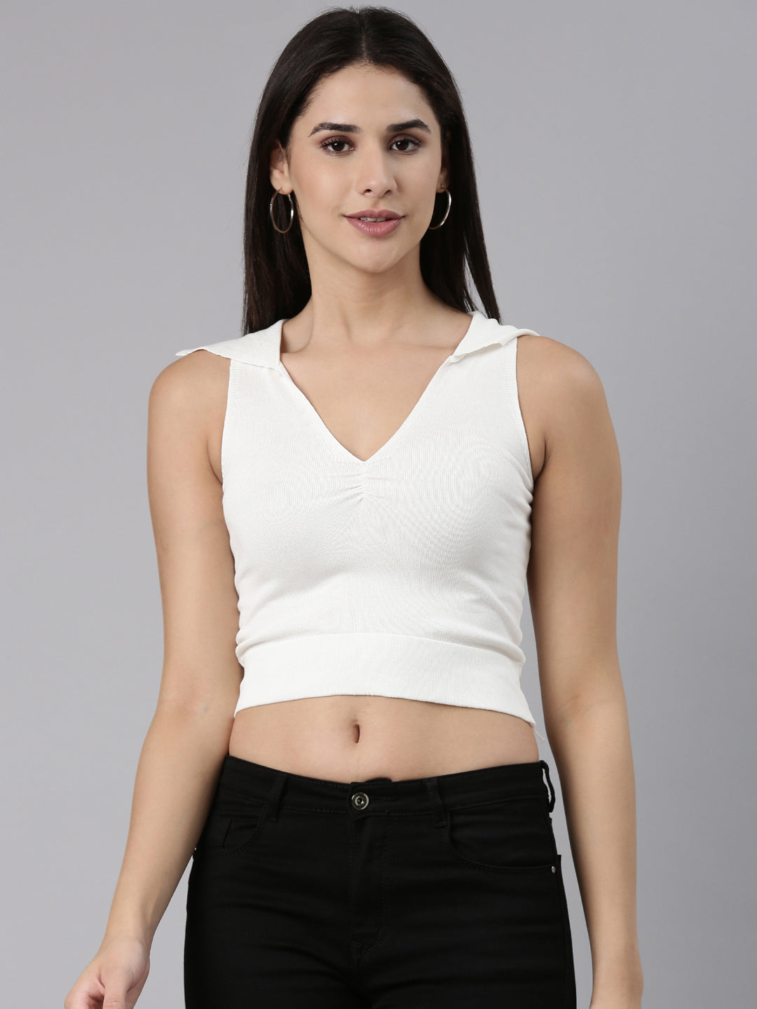 Women's Above the Keyboard Collar Solid White Fitted Crop Top