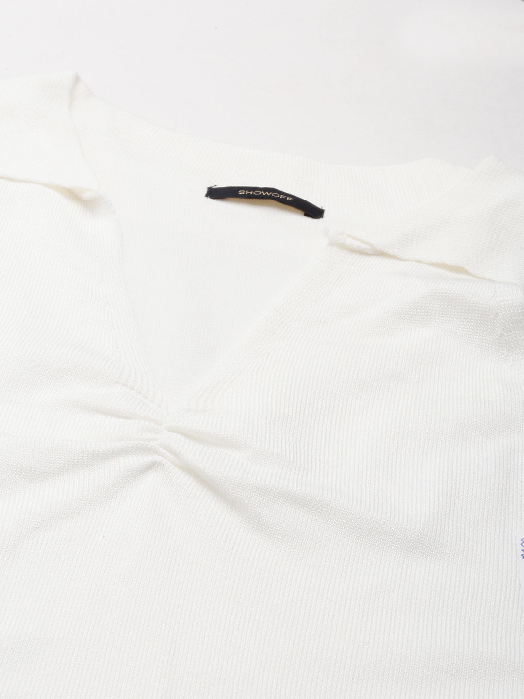 Women's Above the Keyboard Collar Solid White Fitted Crop Top