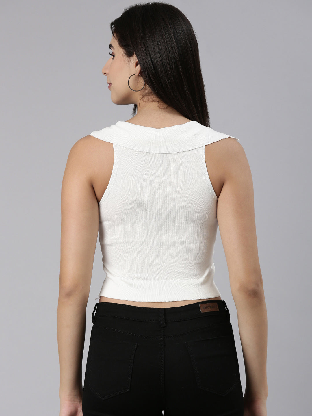 Women's Above the Keyboard Collar Solid White Fitted Crop Top